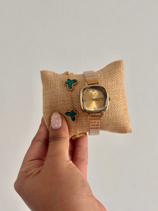 Reloj retro cuadrado cara dorada